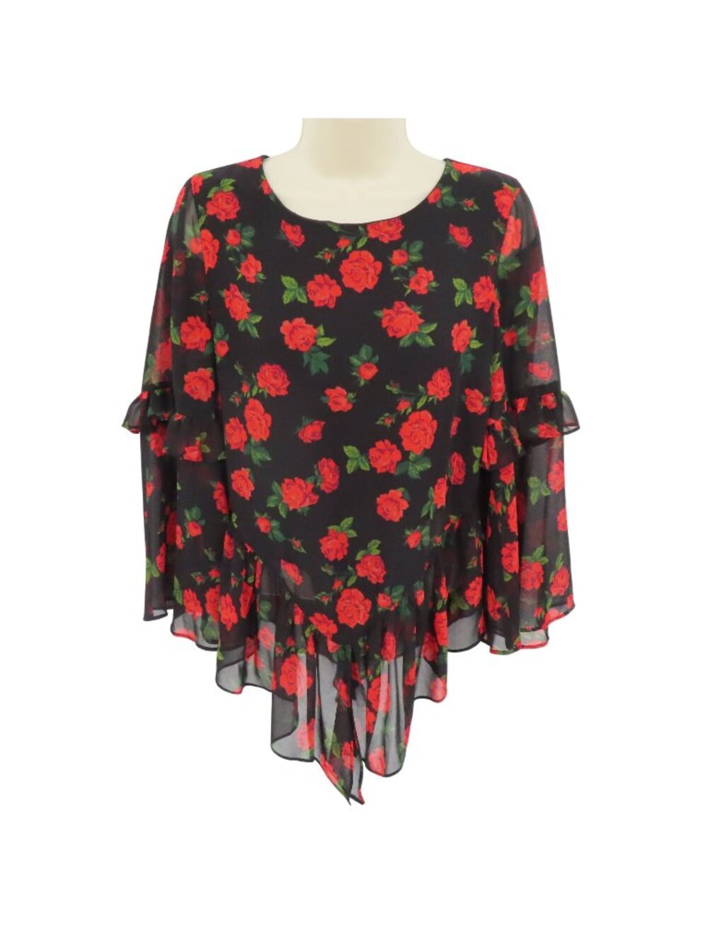 K/Lab Women Small Red Rose Flower Sheer Ruffle Long Sleeve Shirt Top Blouse
